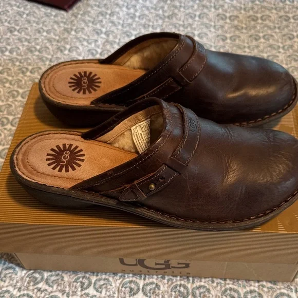 UGG Women's Dark Brown Leather Mules - Picture 2 of 5